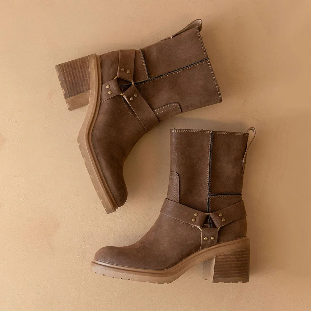 Brown Round Toe Chunky Heel Comfy Buckle Side Zipper Fall Booties