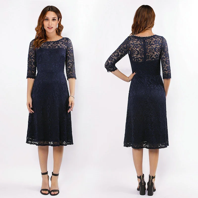Half Sleeve Navy Blue Lace Dresses Zipper Back Homecoming Dress Online - lulusllly