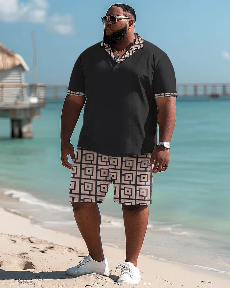 Men's Plus Size Casual Simple Geometric Print Polo Shorts Suit