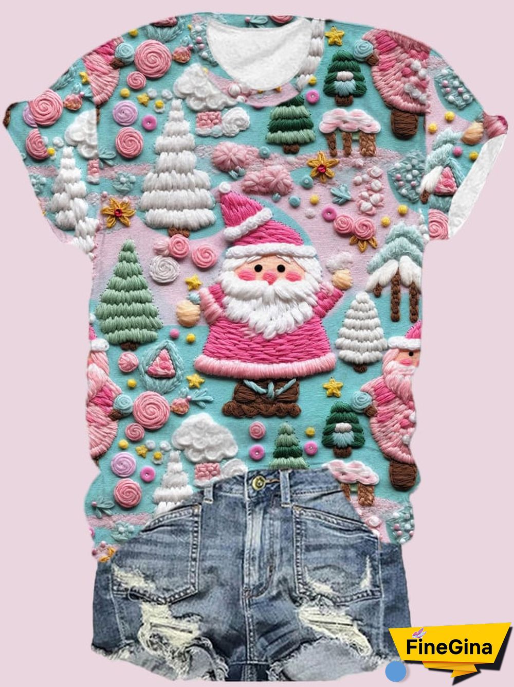 Women's Pink Santa Print Short Sleeve T-Shirt