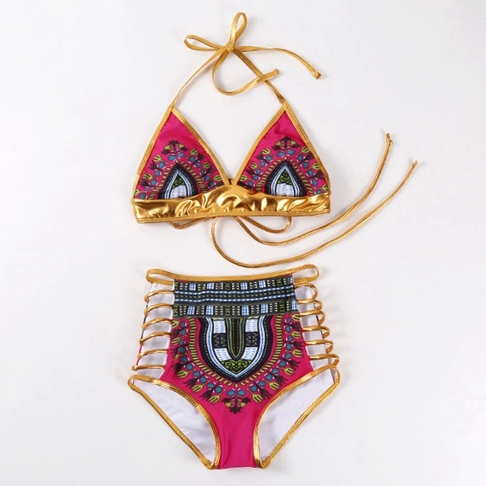 2021 New African Bath Suits Bandage Swimwear Geometric Print Swimsuit  Push Up Brazilian Beach Wear Gold SwimSuit