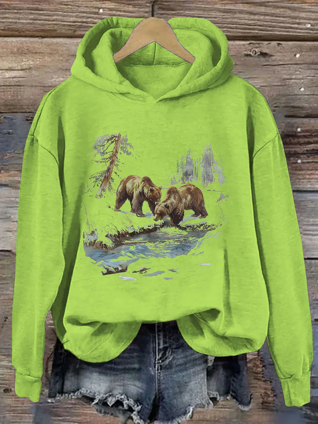 Retro Grizzly Bears Wilderness Scene Hoodie