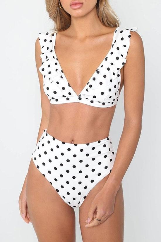 Pretty Polka Dots Ruffle Bikini Swimsuit - Two Piece Set-elleschic