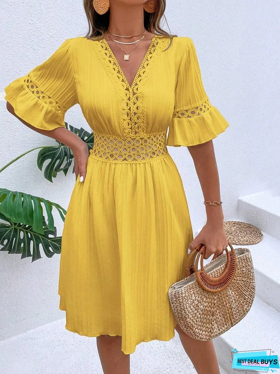 Cutout V-Neck Flounce Sleeve Mini Dress