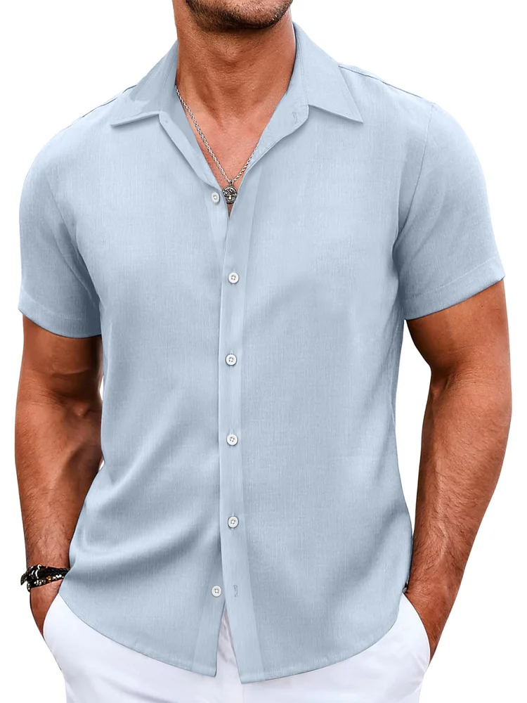 Men's summer cotton and linen solid color lapel loose short-sleeved shirt