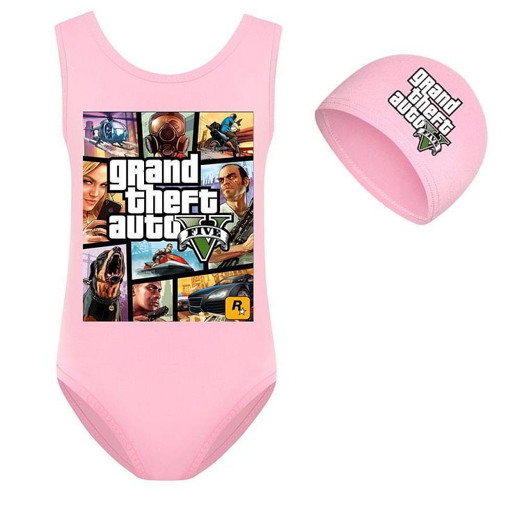 Grand Theft Auto 5 Print Girls One Piece Sporty Beach Swimsuit And Cap-Mayoulove