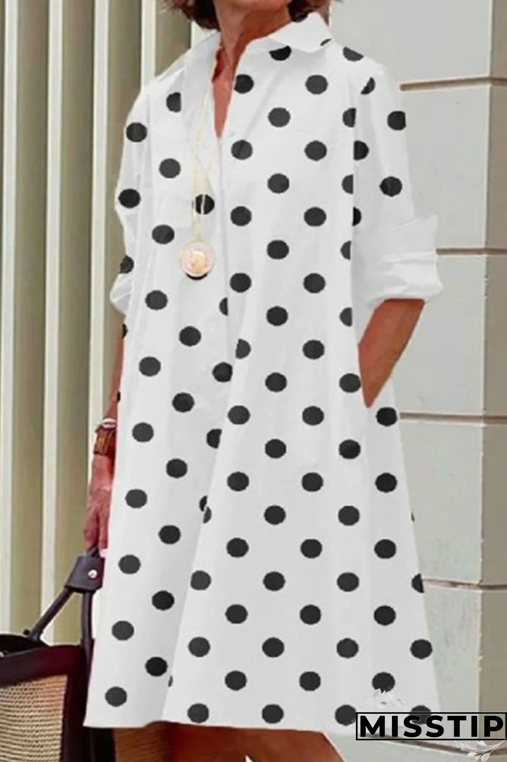 Black Casual Print Polka Dot Patchwork Buckle Turndown Collar Shirt Dress Dresses