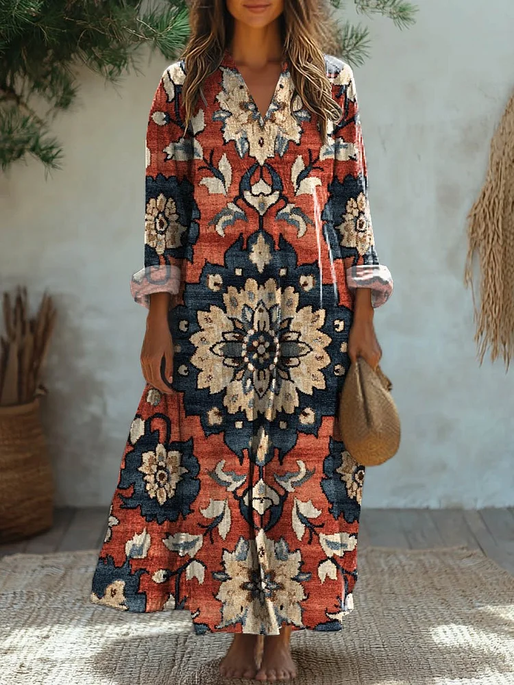 Women's Vintage Lovely Floral Art Print Casual Cotton Dress