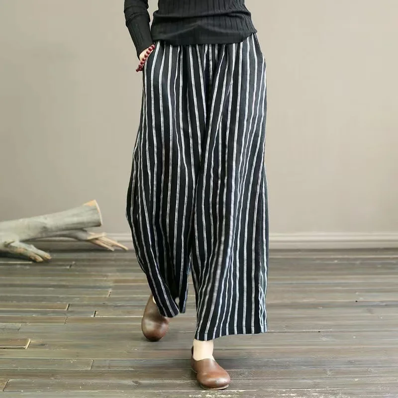 Uveng Uveng Summer New Striped Cotton Broad Legs Tight Waist Cover Meat Thin Harun Pants Women's Loose Leisure Pants