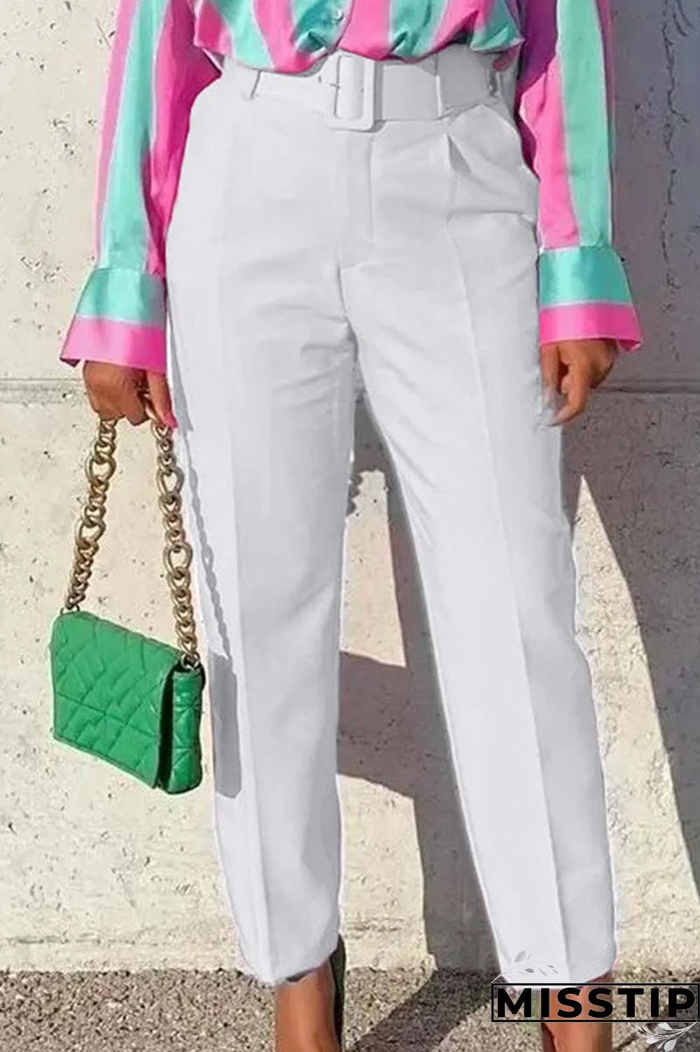 Pink Casual Solid Patchwork With Belt Regular High Waist Conventional Solid Color Trousers