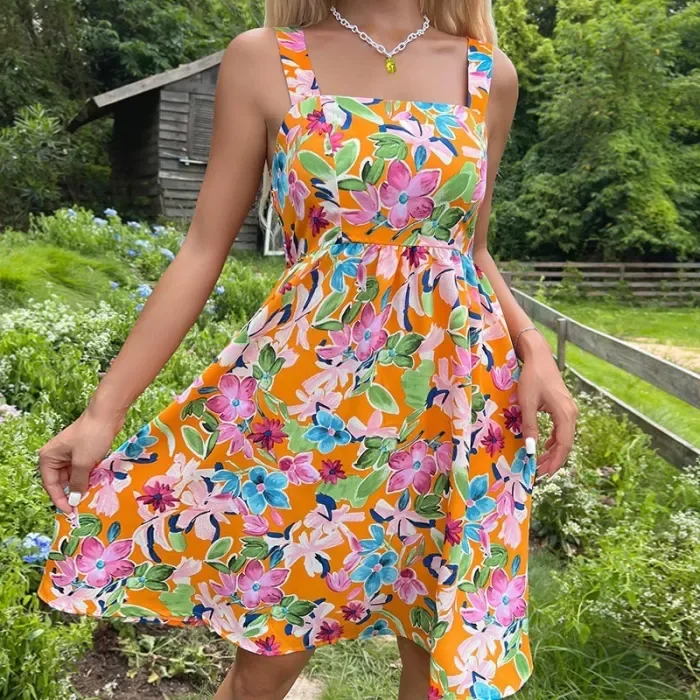 Summer Women's Fashion Print French Strap Casual Mini Dress