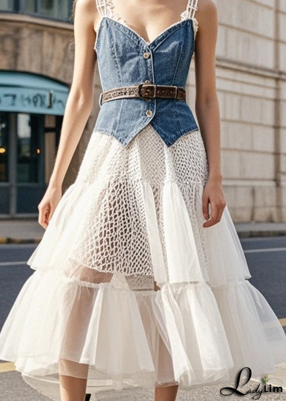 Casual Denim Blue Cinched Patchwork Tulle Vacation Dresses Summer