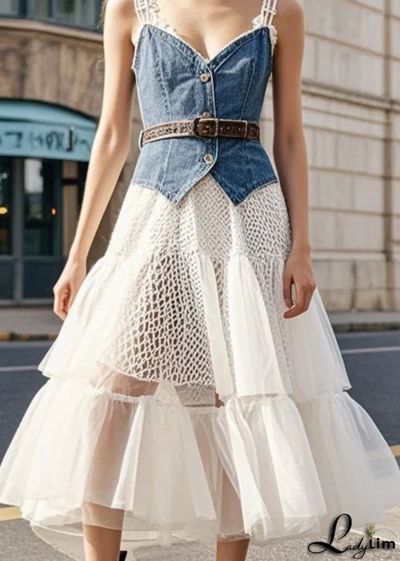 Casual Denim Blue Cinched Patchwork Tulle Vacation Dresses Summer