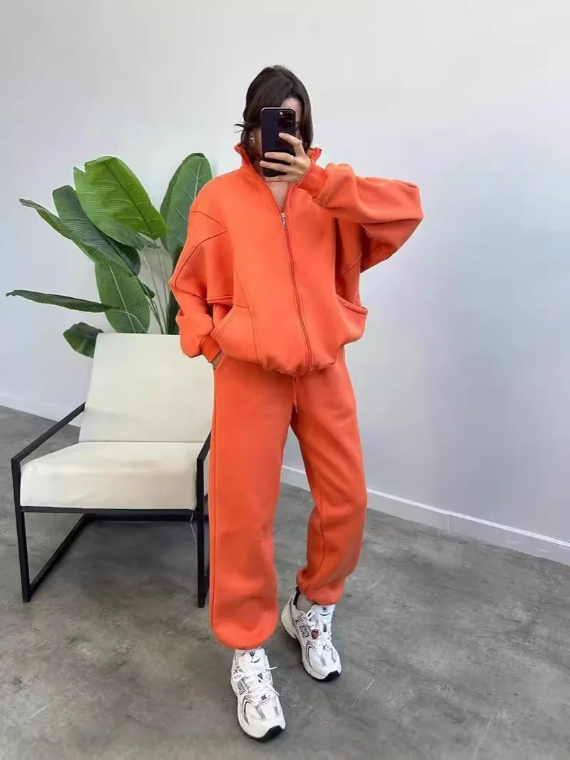 Nigikala Nigikala Women's Plus Velvet Set Fashion Simple Long-Sleeved Sweater Pure Color Sports Suit Women