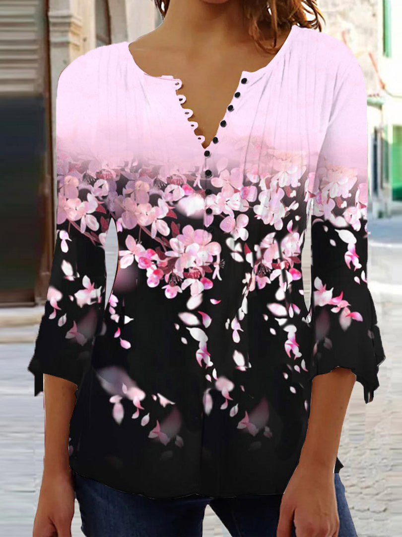 Women 3/4 Sleeve V-neck Colorblock Gradient Floral Printed Tops
