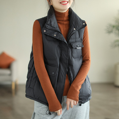 Literary Solid Color Stand Collar  Down Vest Coat