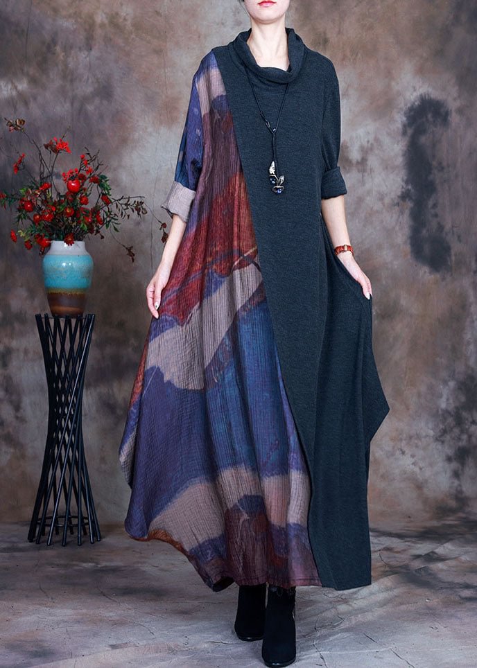French Green Patchwork Blue Print Fall Long Dresses