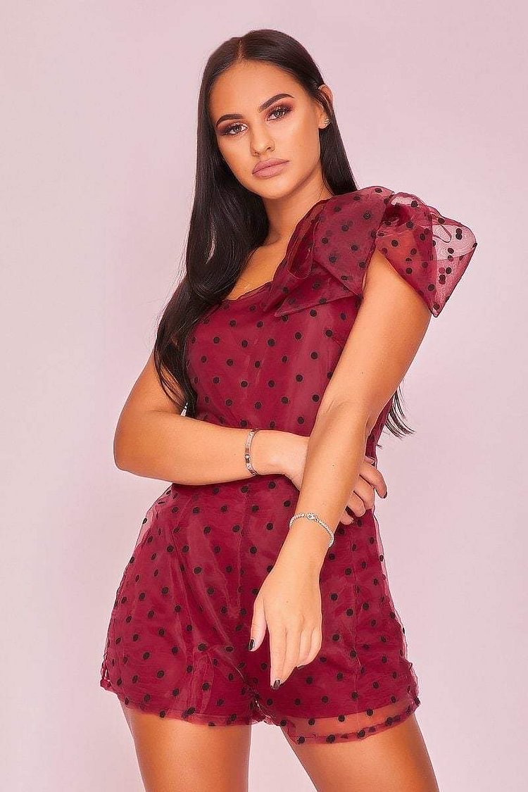 Wine Red Polka Dot Bow Detail Playsuit Katch Me