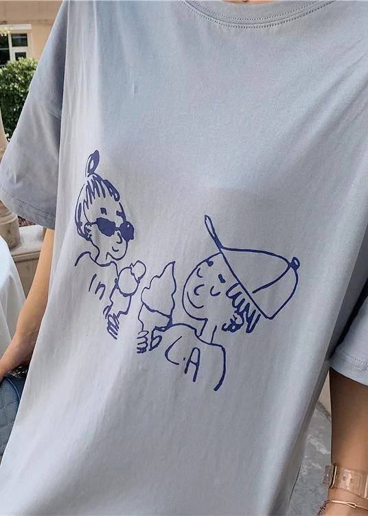 DIY blue o neck cotton tunic dress side open Plus Size Dresses