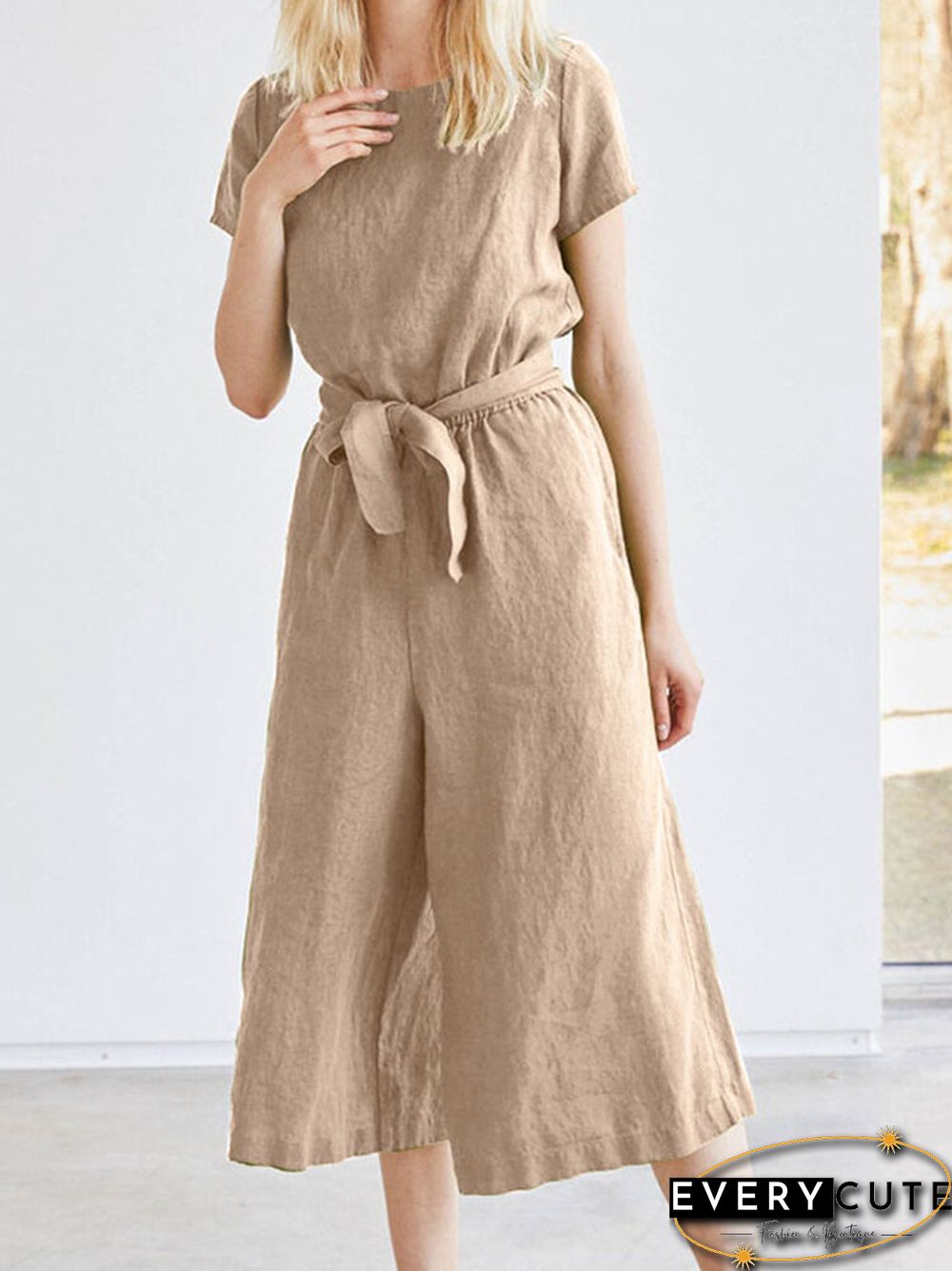Solid Pocket Short Sleeve Wide Leg Jumpsuit With Belt