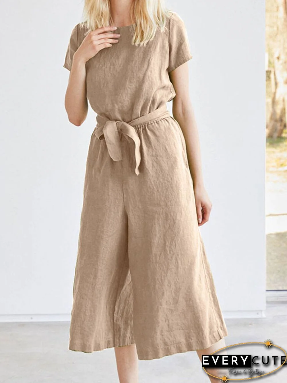 Solid Pocket Short Sleeve Wide Leg Jumpsuit With Belt