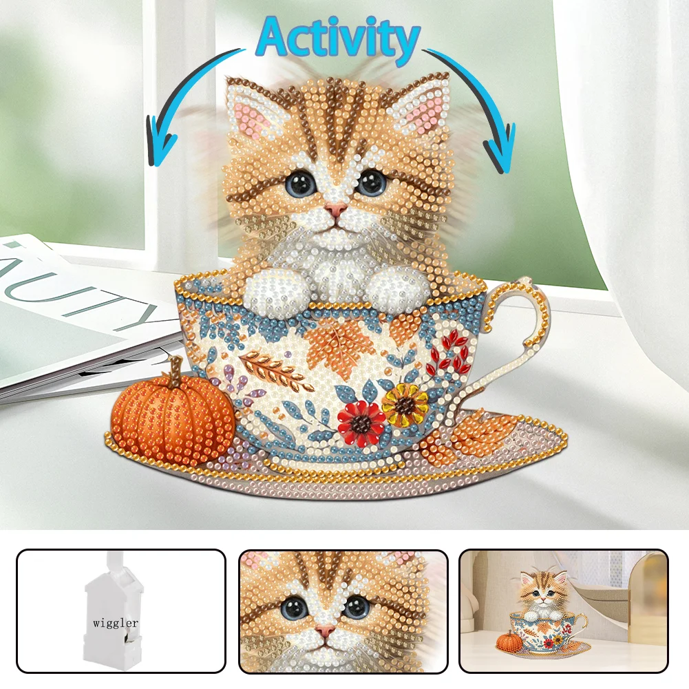 2D Flat Cat DIY Shaking Head Teacup Cat Diamond Painting Desktop Decorations
