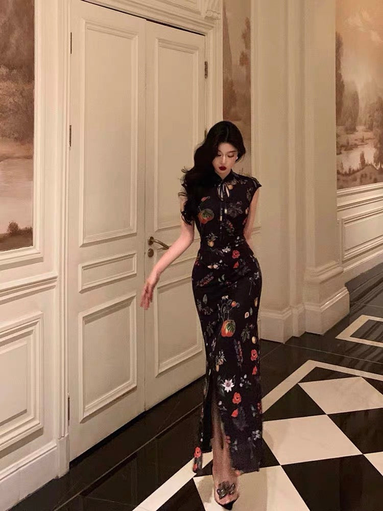 Aiertu - Gorgeous Sheath High Neckline Black Floral Date Night Dress Long Prom Dresses Birthday Outfits HOT1089 Aiertu