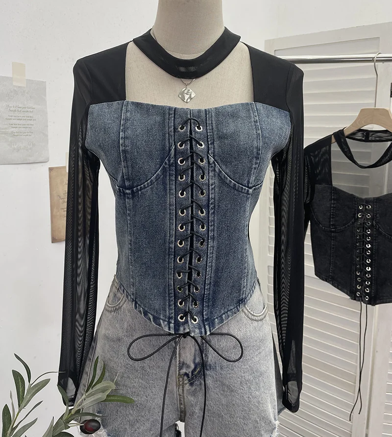 Brownm Sexy Hollow Hanging Neck Cowboy Splicing Mesh Strap With Irregular Long-Sleeved T-Shirt Short Top 88882