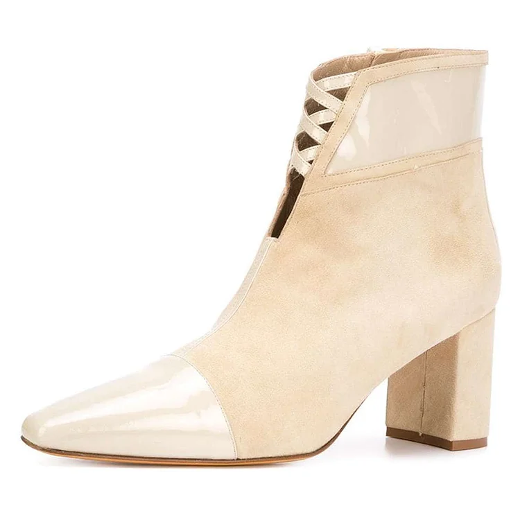 Beige Vegan Suede Chunky Heel Boots Ankle Boots |FSJ Shoes