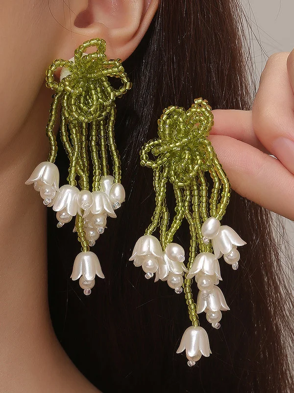 Green Bellflower Beaded Tassel Earrings Accessories