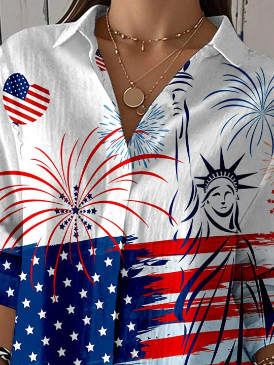 Women 3/4 Sleeve Shirt Collar National Flag Striped Printed Graphic Button Tops