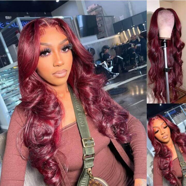 Burgundy Hair 13x4 Body Wave Lace Front Wig 99J Dark Wine Color Transparent Lace Human Hair Wigs for Women US Mall Lifes