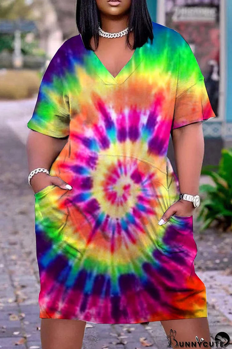 Multicolor Fashion Casual Print Tie-dye V Neck Short Sleeve Dress