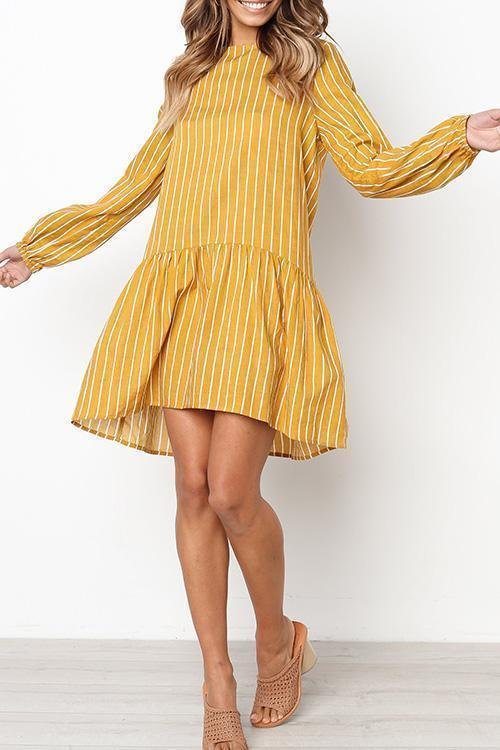 Striped Draped Yellow Mid-length Dress-elleschic