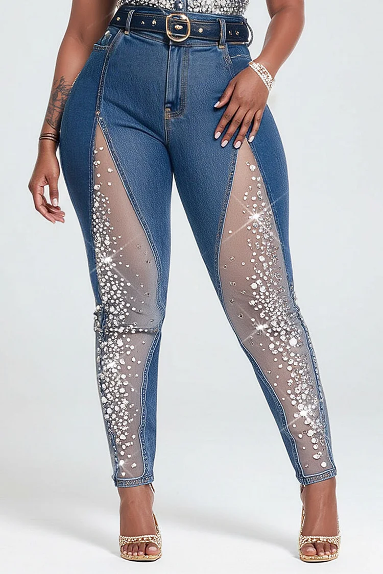 Xpluswear Design Plus Size Party Tulle Blue Drilling See Through Denim Jeans [Pre-Order] 2024 - Xpluswear
