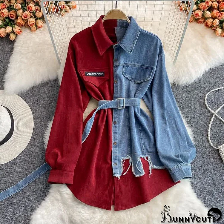 Colorblock Long Sleeve Denim Lapel Shirt Dress With Belt