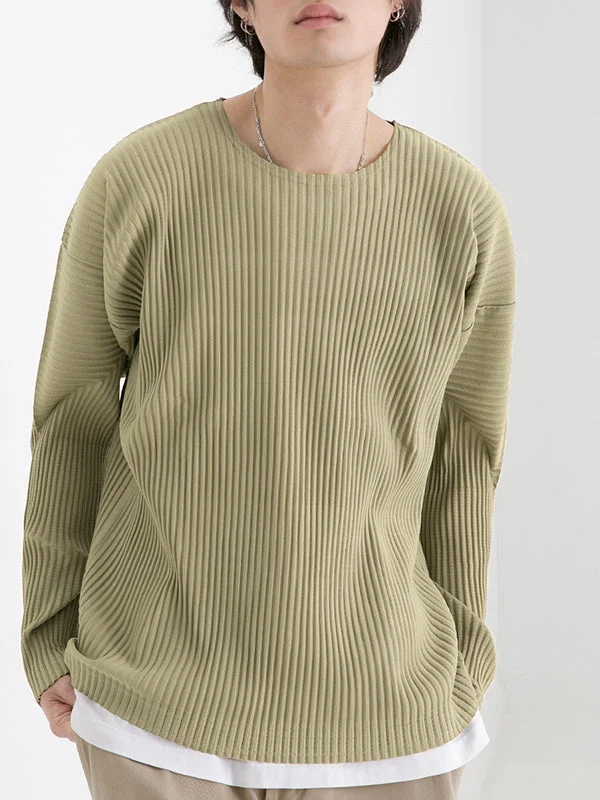 Aonga - Mens Pleated Round Neck Long Sleeve T-ShirtI