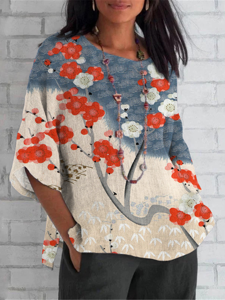 Comstylish Japanese Art Cherry Blossom Print Crew Neck Casual T-Shirt