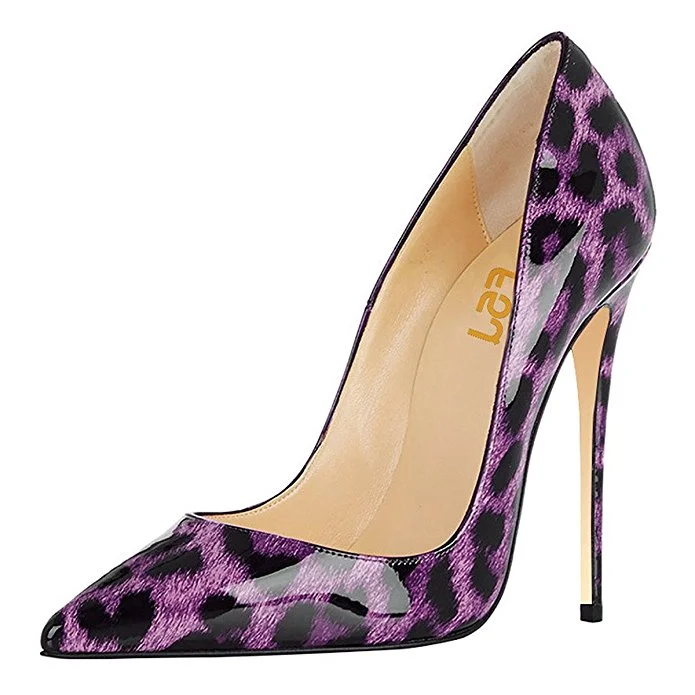 Purple Leopard Print Heels Patent Leather Pointy Toe Pumps by FSJ |FSJ Shoes