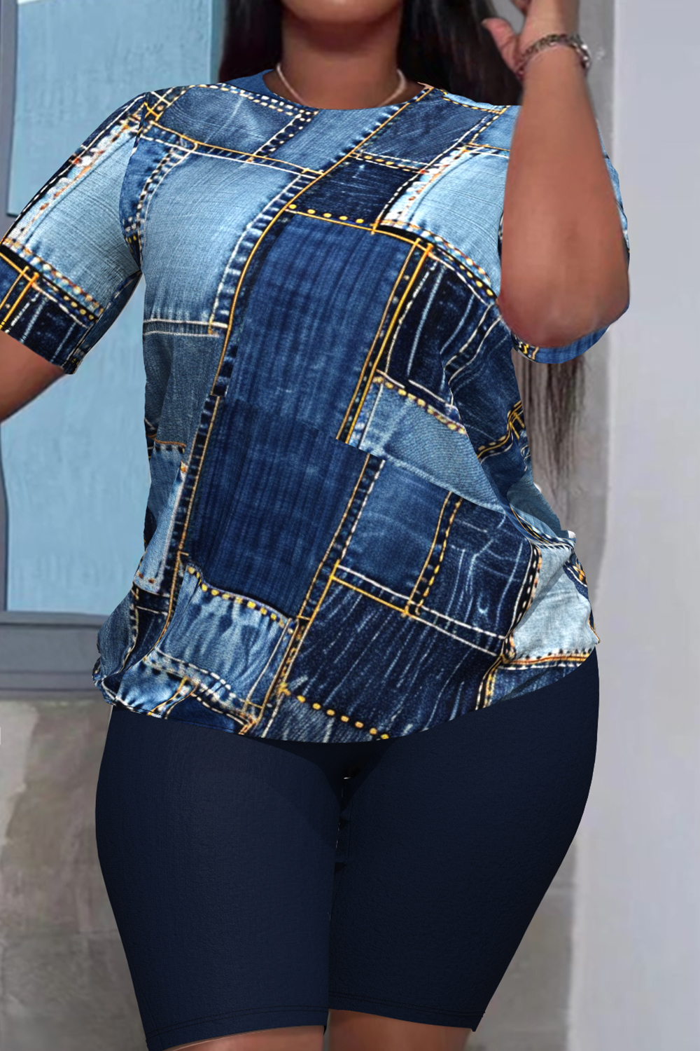Plus Size Casual Blue Patchwork Round Neck Short Sleeve Denim Print Two Piece Short Sets [Pre-Order]