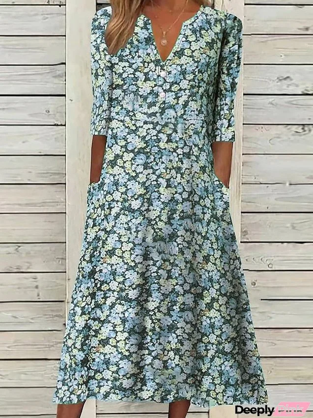Women's Casual Dress Floral Dress Midi Dress Blue Purple Green Half Sleeve Floral Ruched Summer Spring V Neck Stylish