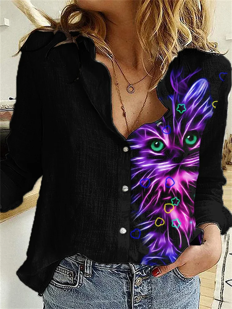 Lovely Neon Cat Art Graphic Woven Blouse