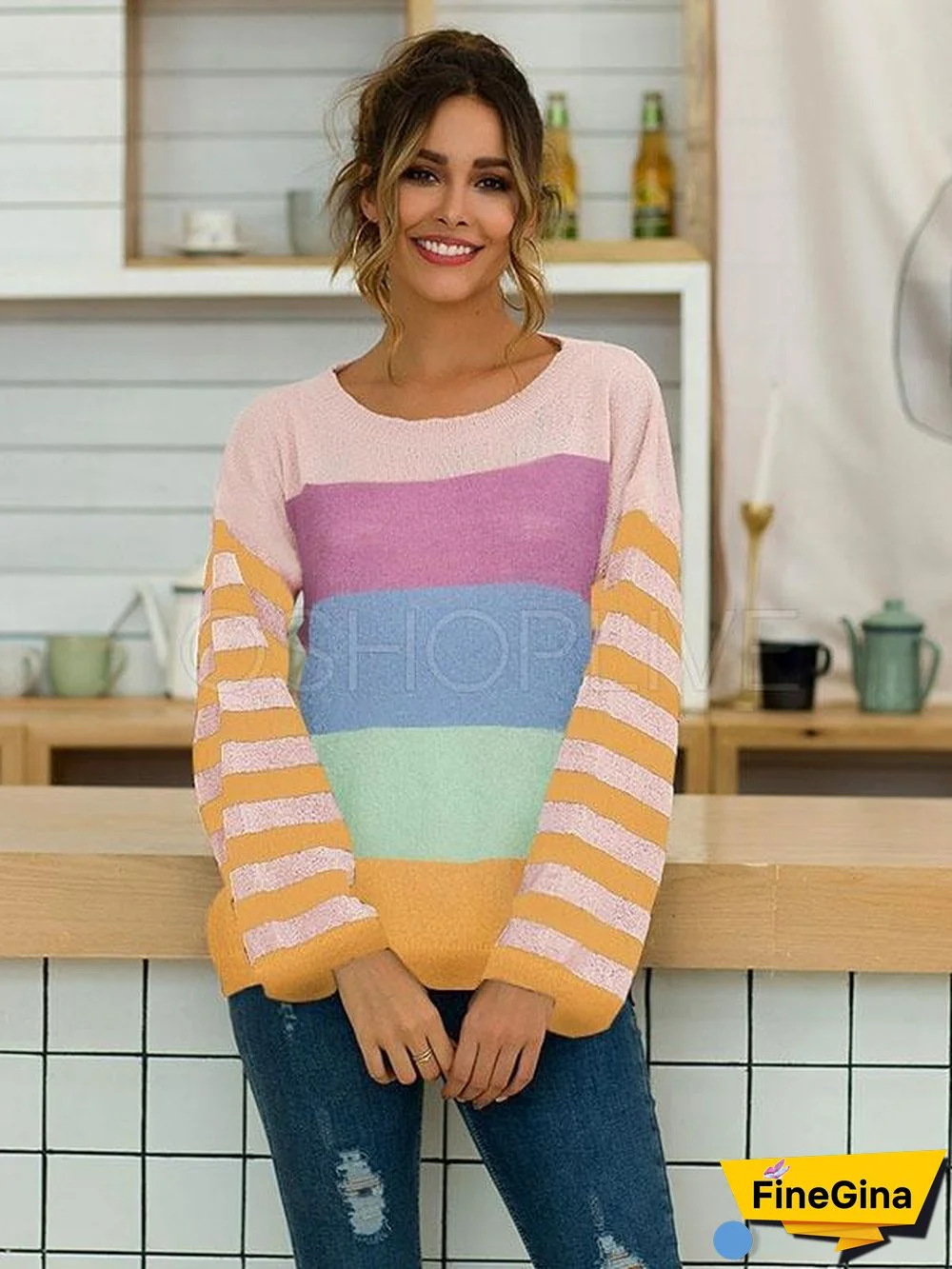 Striped Color-block Split-joint Knitting Sweater