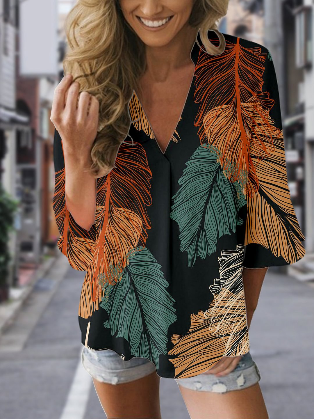 Women's casual V-neck short-sleeved printed T-shirt