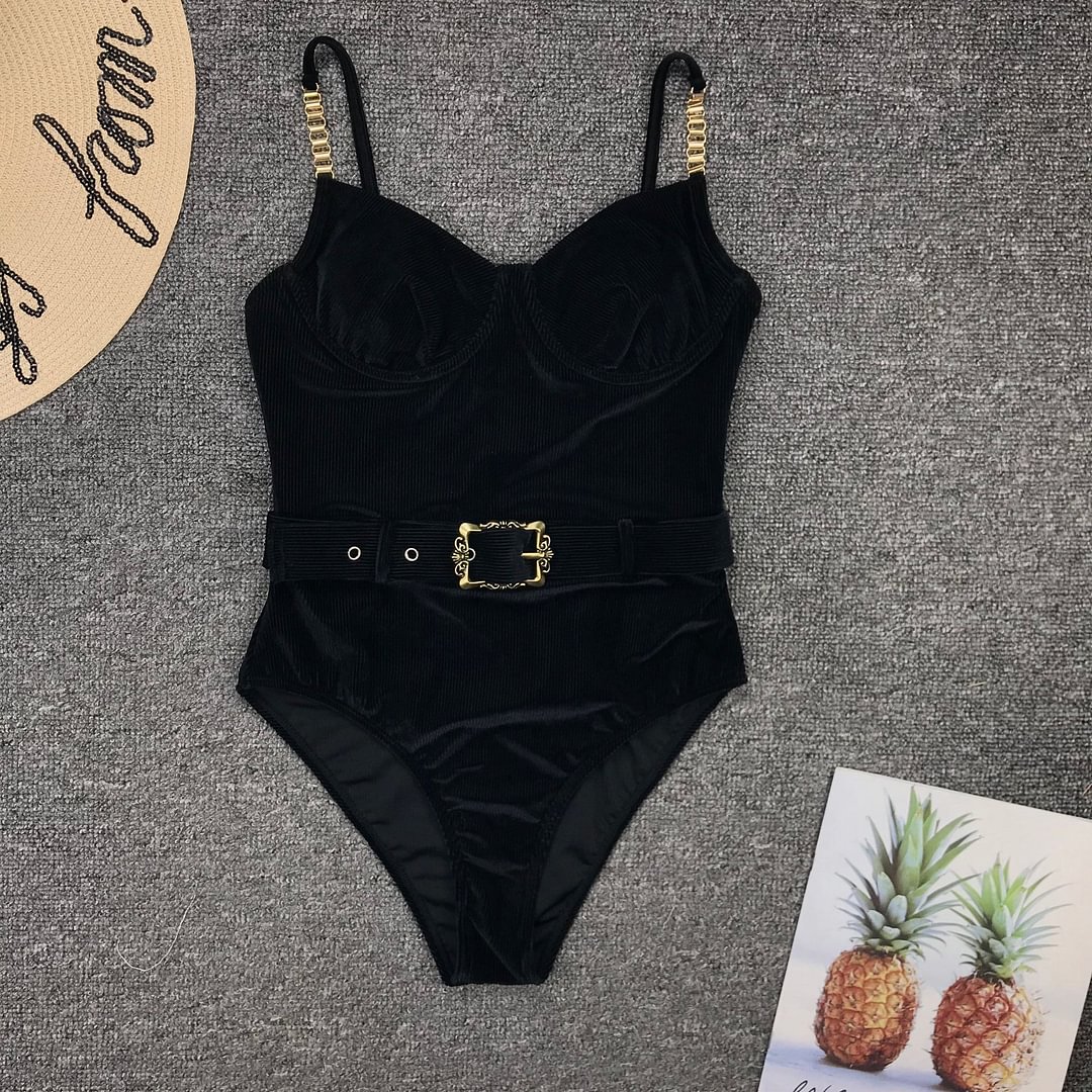 Sexy Solid White Buckle One Piece Swimsuit Women High Cut Metal Chain Strap Push Up Bra Monokini Bathing Suit Bodysuit Swimwear