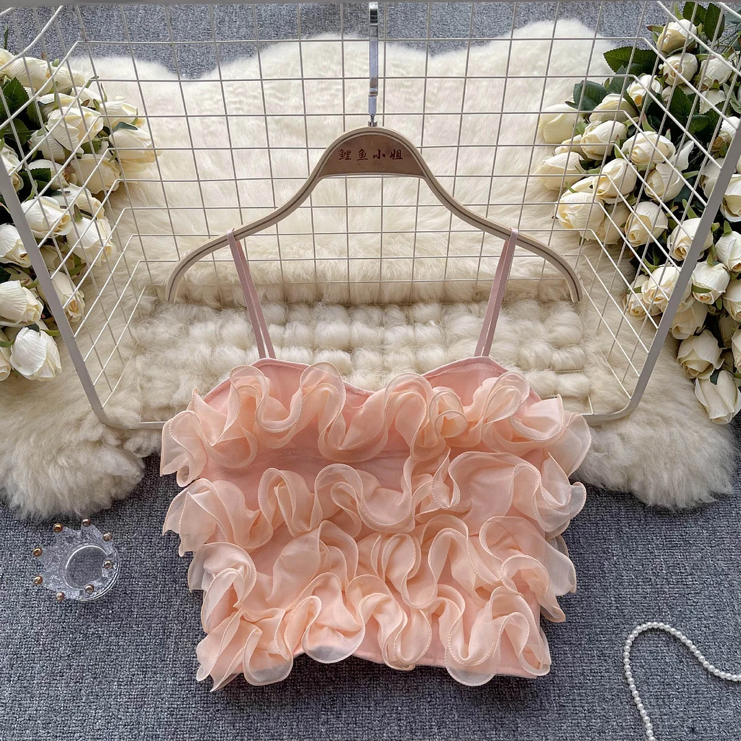 Ueong New Style French Heavy Industry Net Yarn Three-Dimensional Flower High Waist Short Money Condole Belt Vest Pure Desire Chic