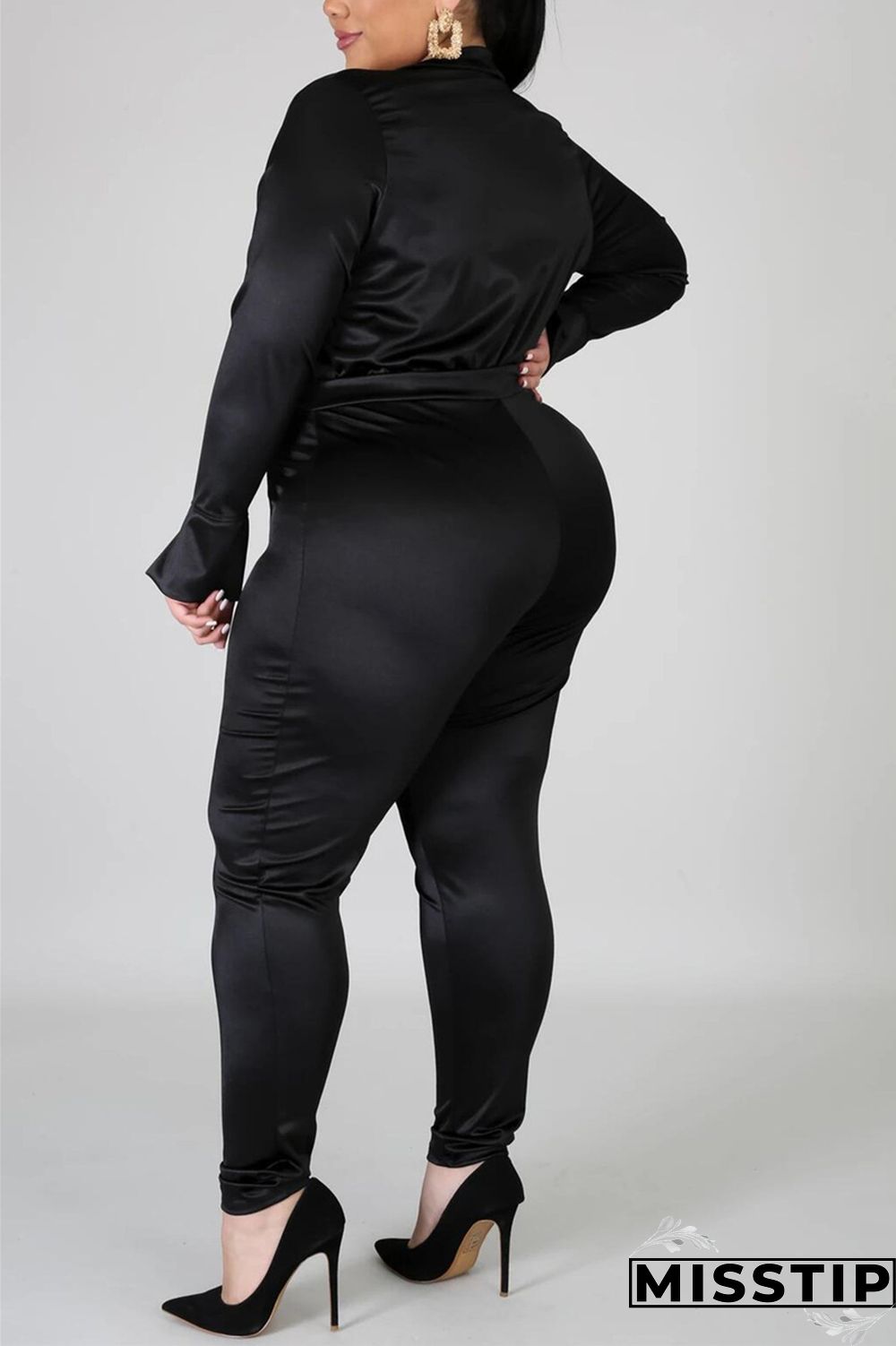 Blue Fashion Casual Solid Basic Turtleneck Plus Size Set