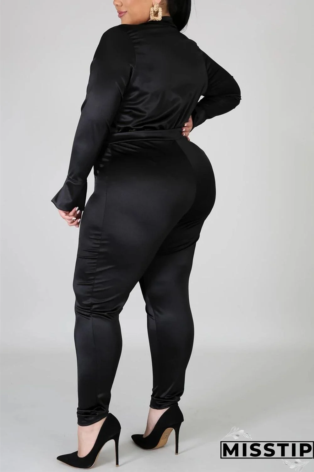 Blue Fashion Casual Solid Basic Turtleneck Plus Size Set