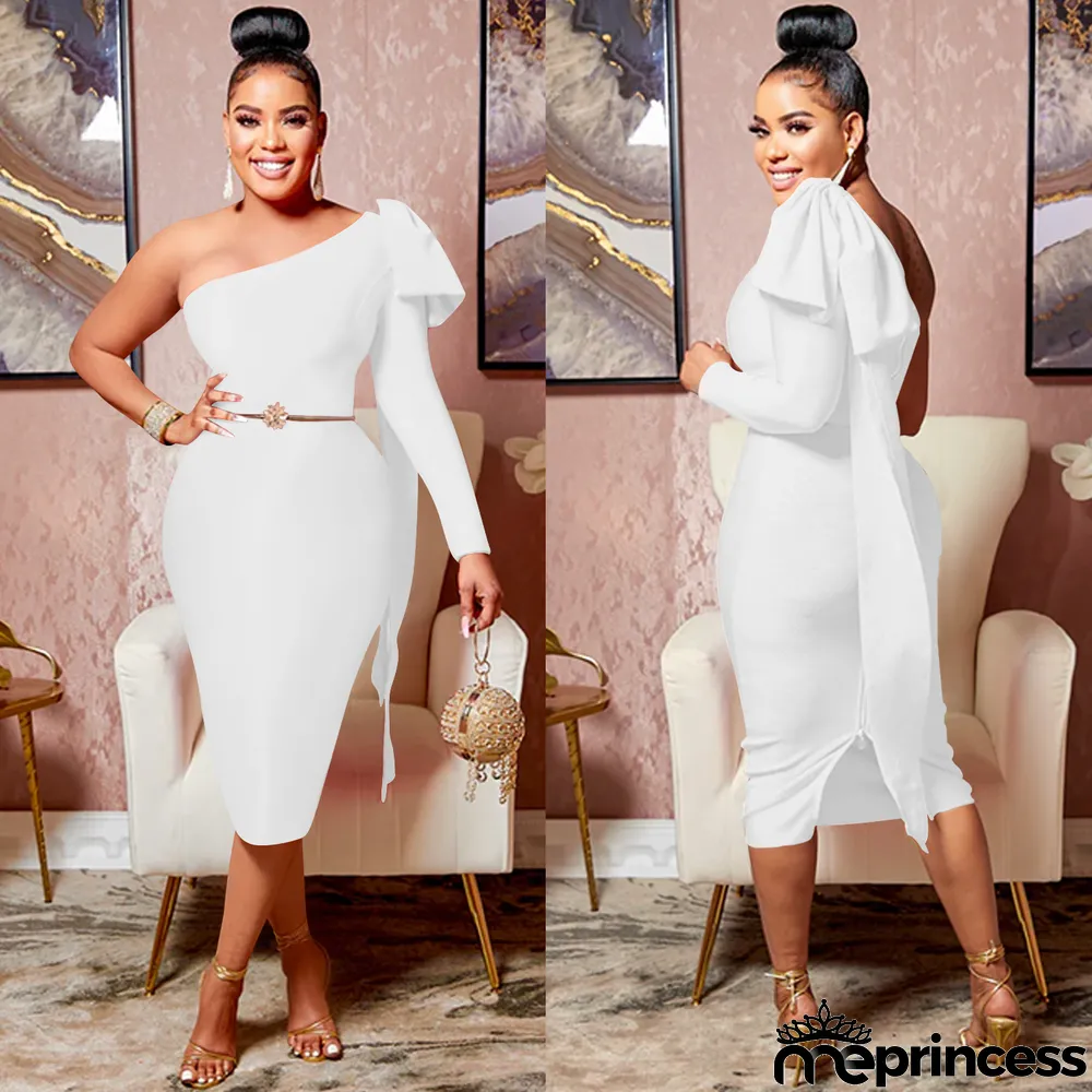 Elegant Solid One Shoulder Bow-knot Split Midi Dress