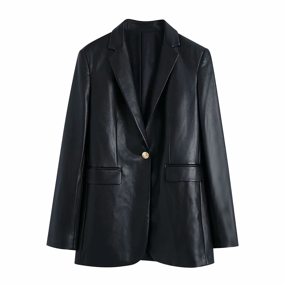 TRAF Women Fashion With Metal Button Faux Leather Blazer Coat Vintage Long Sleeve Back Vent Female Outerwear Chic Veste
